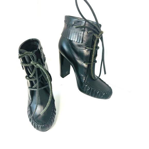 Tom Ford Black Leather Fringe Lace-Up Ankle Boots Size 35.5 Block Heel Booties - Picture 4 of 10